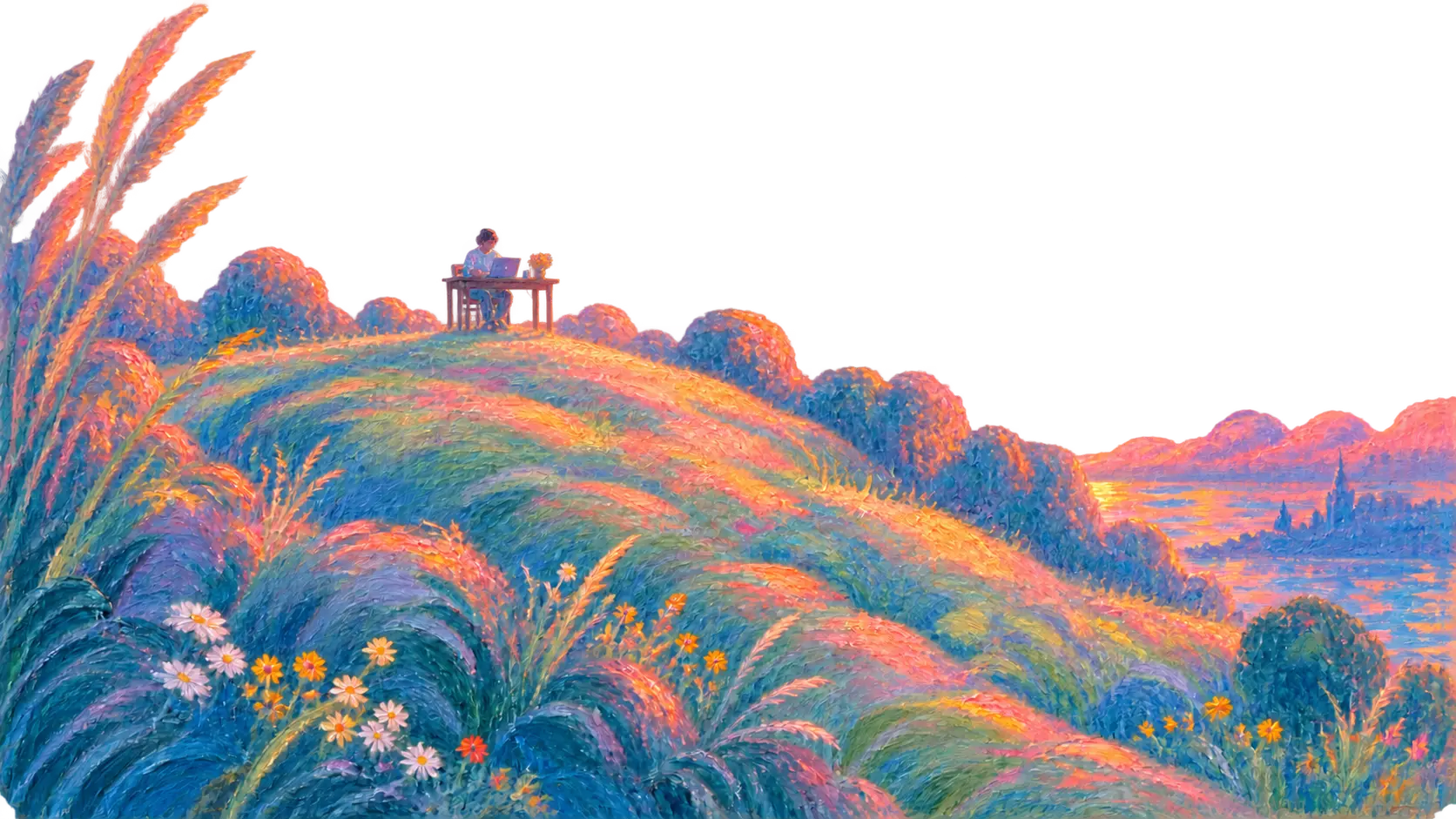 A person working at a desk on the crest of a hill at sunset, painted in dense strokes of rose and blue meadow and wildflowers, with water and a distant town below